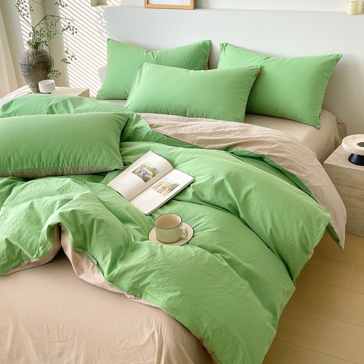 91家纺网 家纺一手货源 找家纺 春皖家纺 2026春夏新款双拼全棉纯棉水洗棉四件套 青草绿-卡其