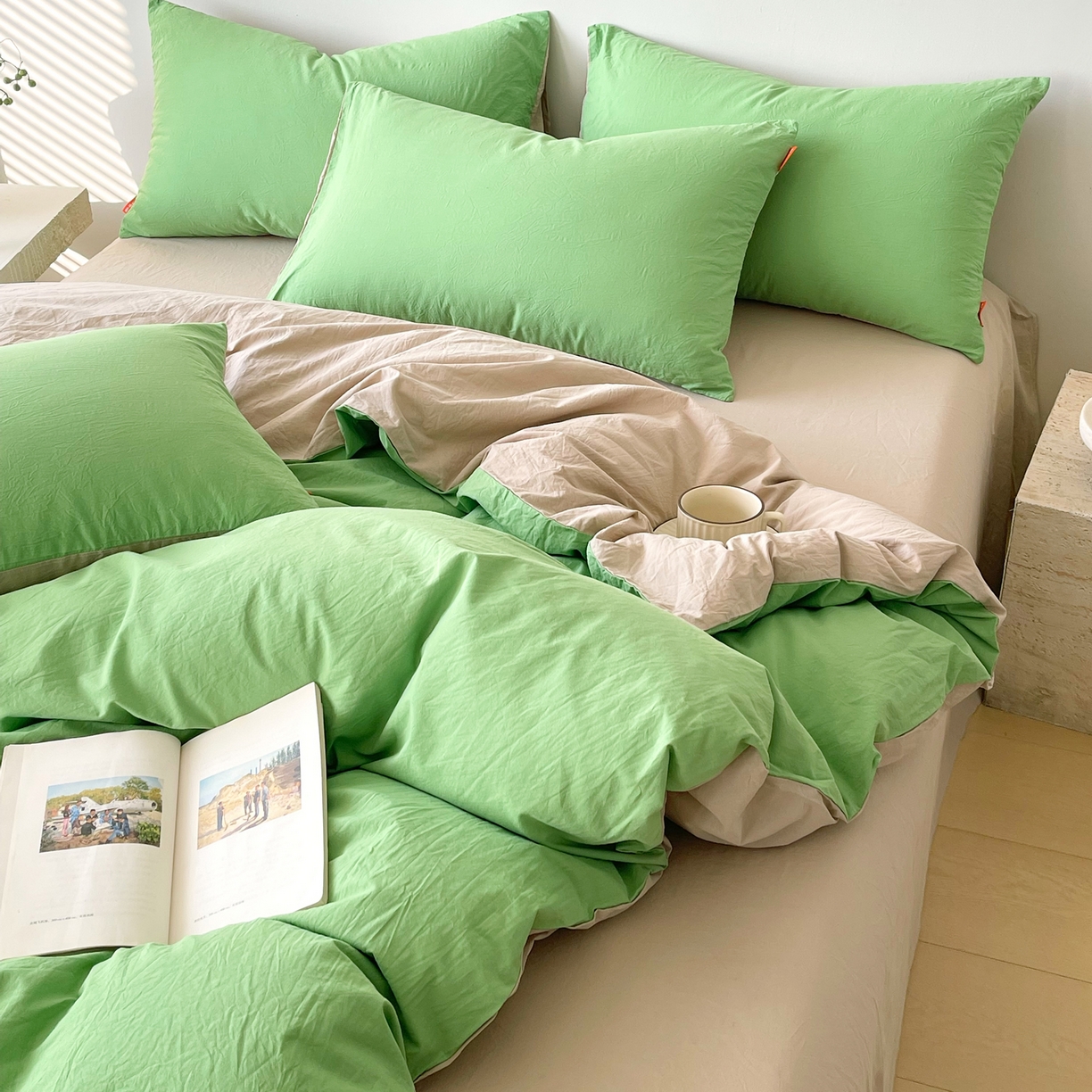 91家纺网 家纺一手货源 找家纺 春皖家纺 2026春夏新款双拼全棉纯棉水洗棉四件套 青草绿-卡其