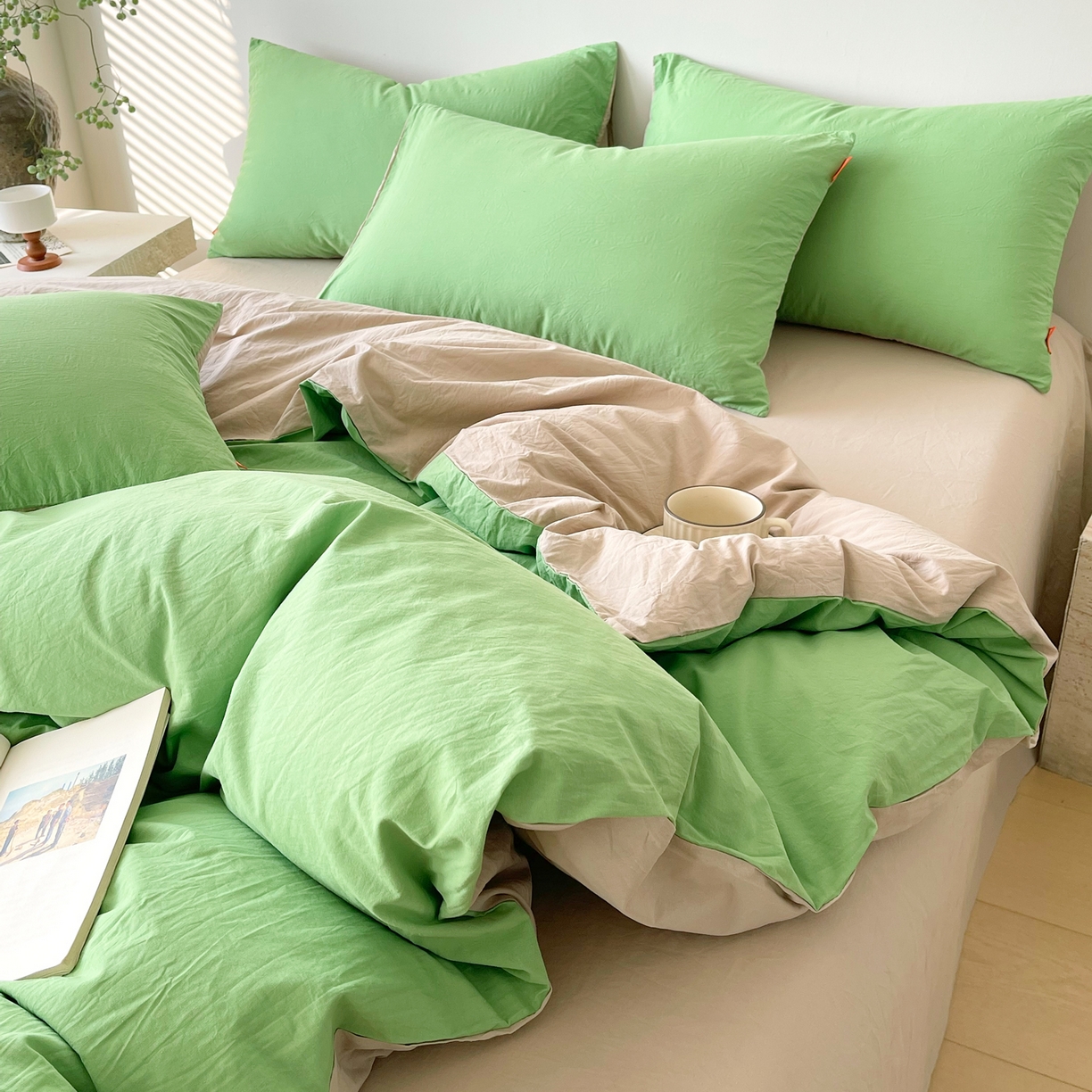 91家纺网 家纺一手货源 找家纺 春皖家纺 2026春夏新款双拼全棉纯棉水洗棉四件套 青草绿-卡其