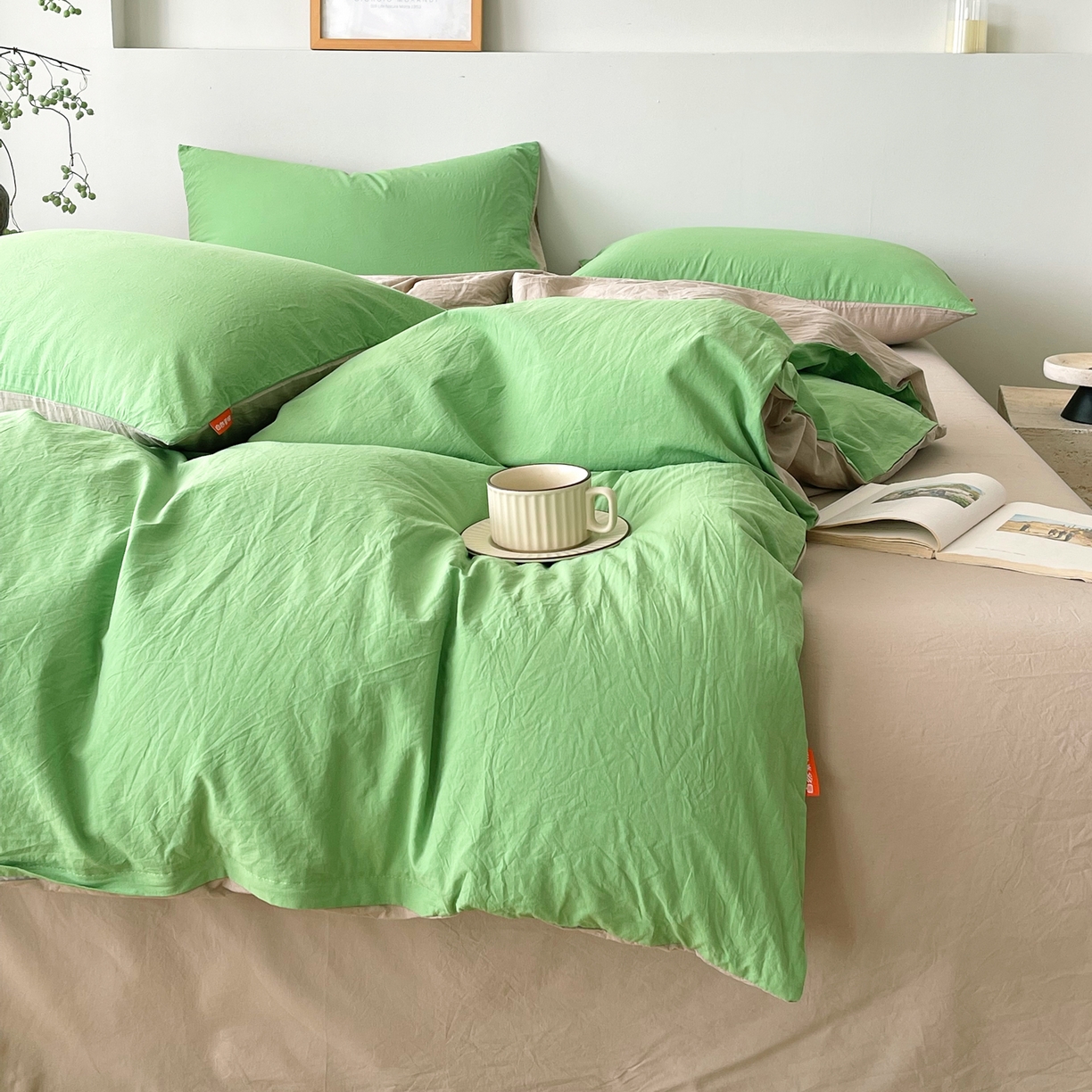 91家纺网 家纺一手货源 找家纺 春皖家纺 2026春夏新款双拼全棉纯棉水洗棉四件套 青草绿-卡其