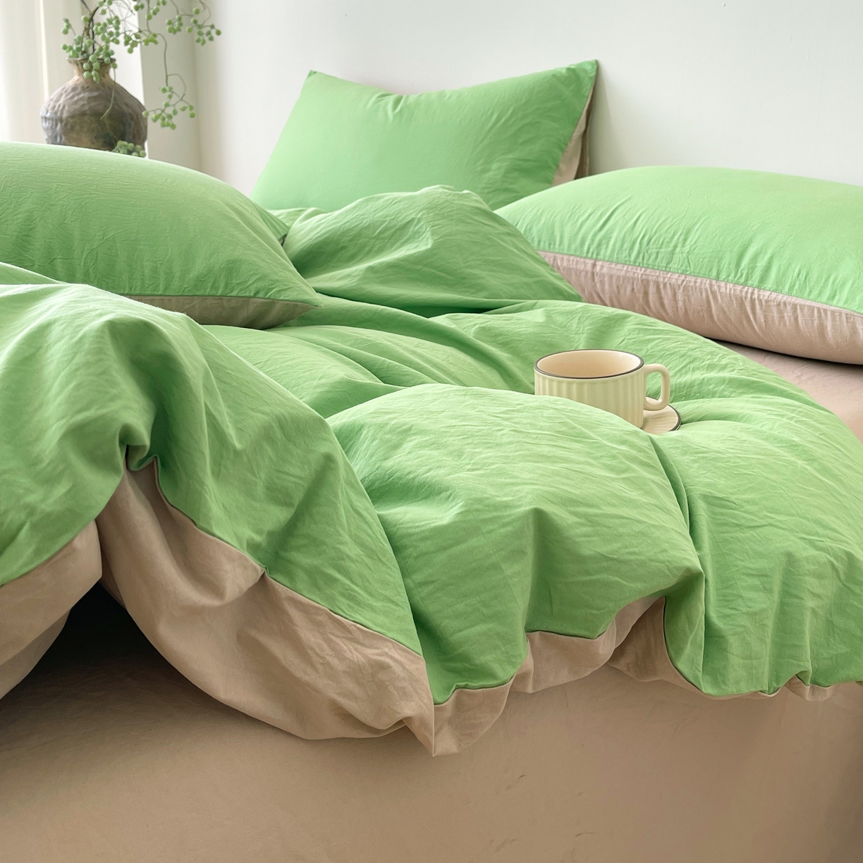 91家纺网 家纺一手货源 找家纺 春皖家纺 2026春夏新款双拼全棉纯棉水洗棉四件套 青草绿-卡其