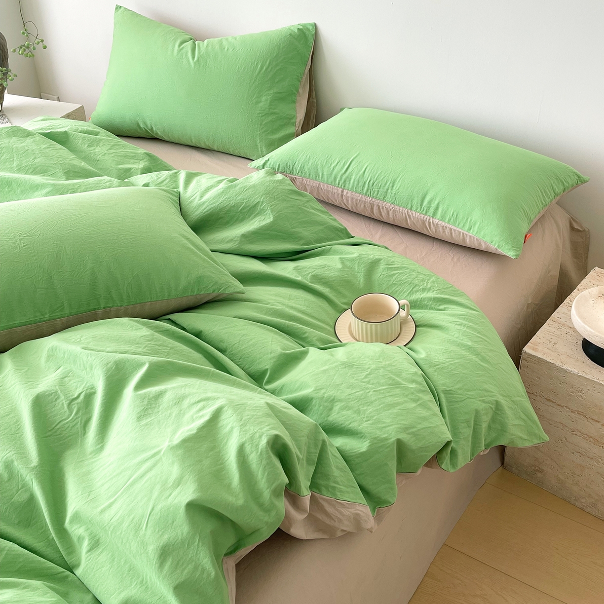 91家纺网 家纺一手货源 找家纺 春皖家纺 2026春夏新款双拼全棉纯棉水洗棉四件套 青草绿-卡其