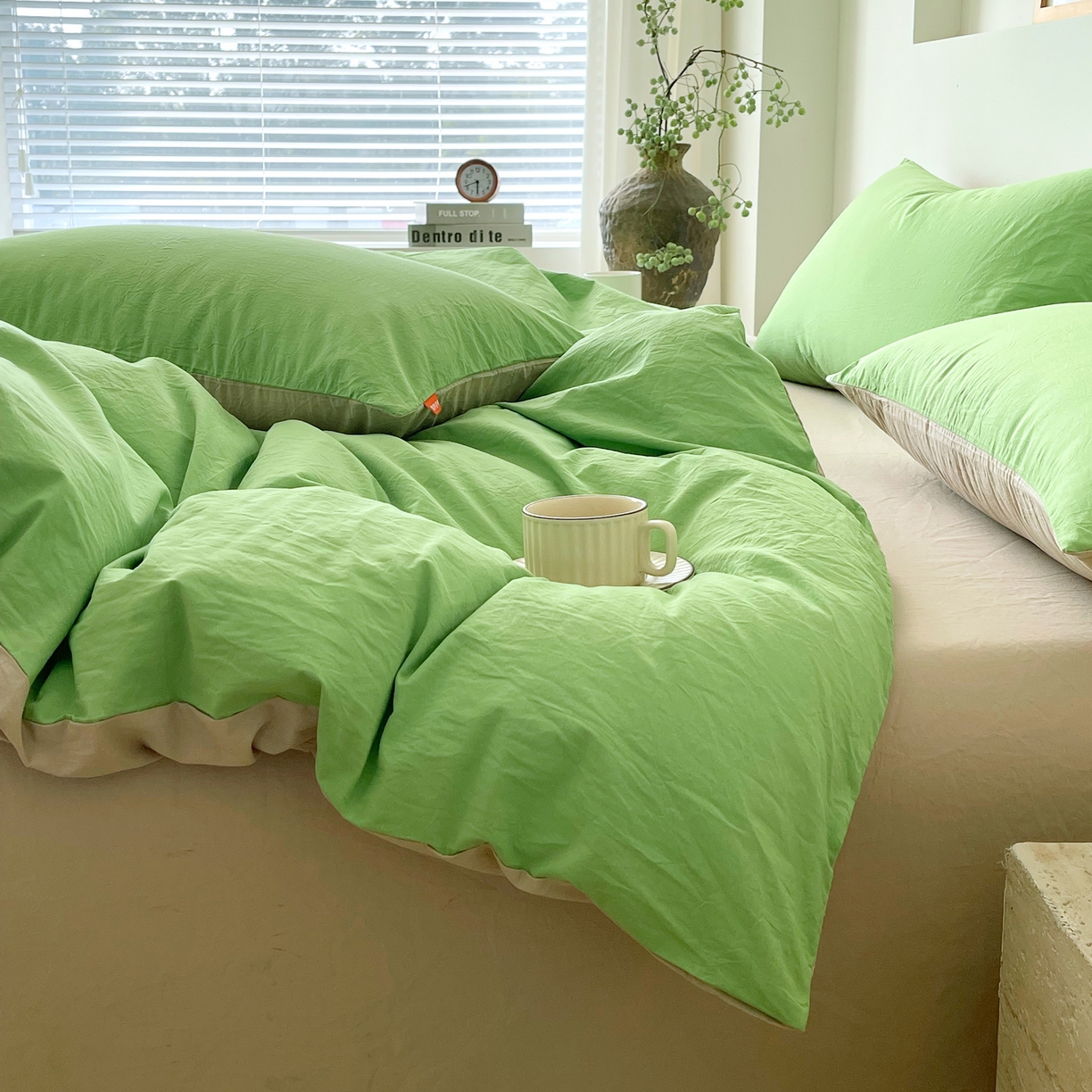 91家纺网 家纺一手货源 找家纺 春皖家纺 2026春夏新款双拼全棉纯棉水洗棉四件套 青草绿-卡其