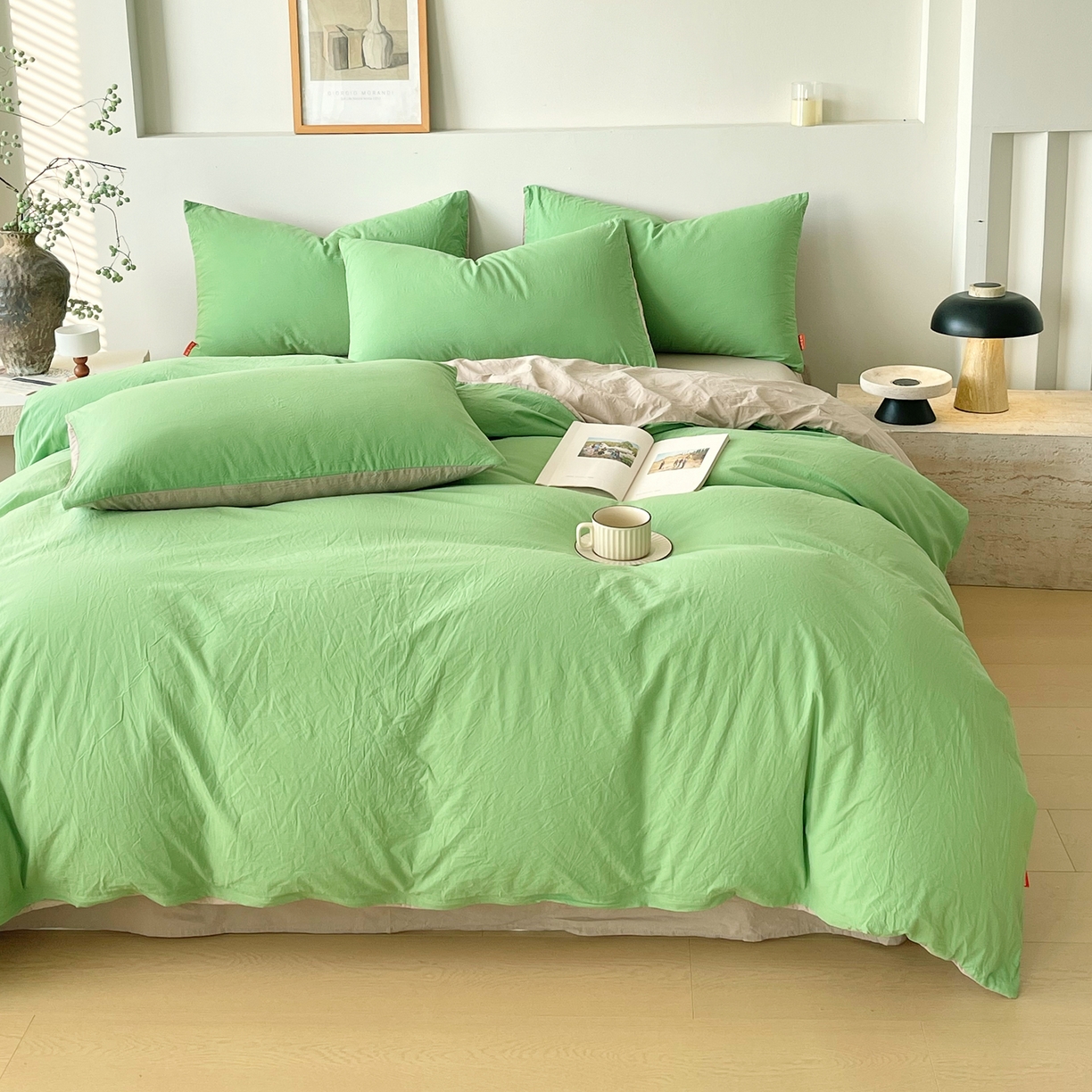 91家纺网 家纺一手货源 找家纺 春皖家纺 2026春夏新款双拼全棉纯棉水洗棉四件套 青草绿-卡其