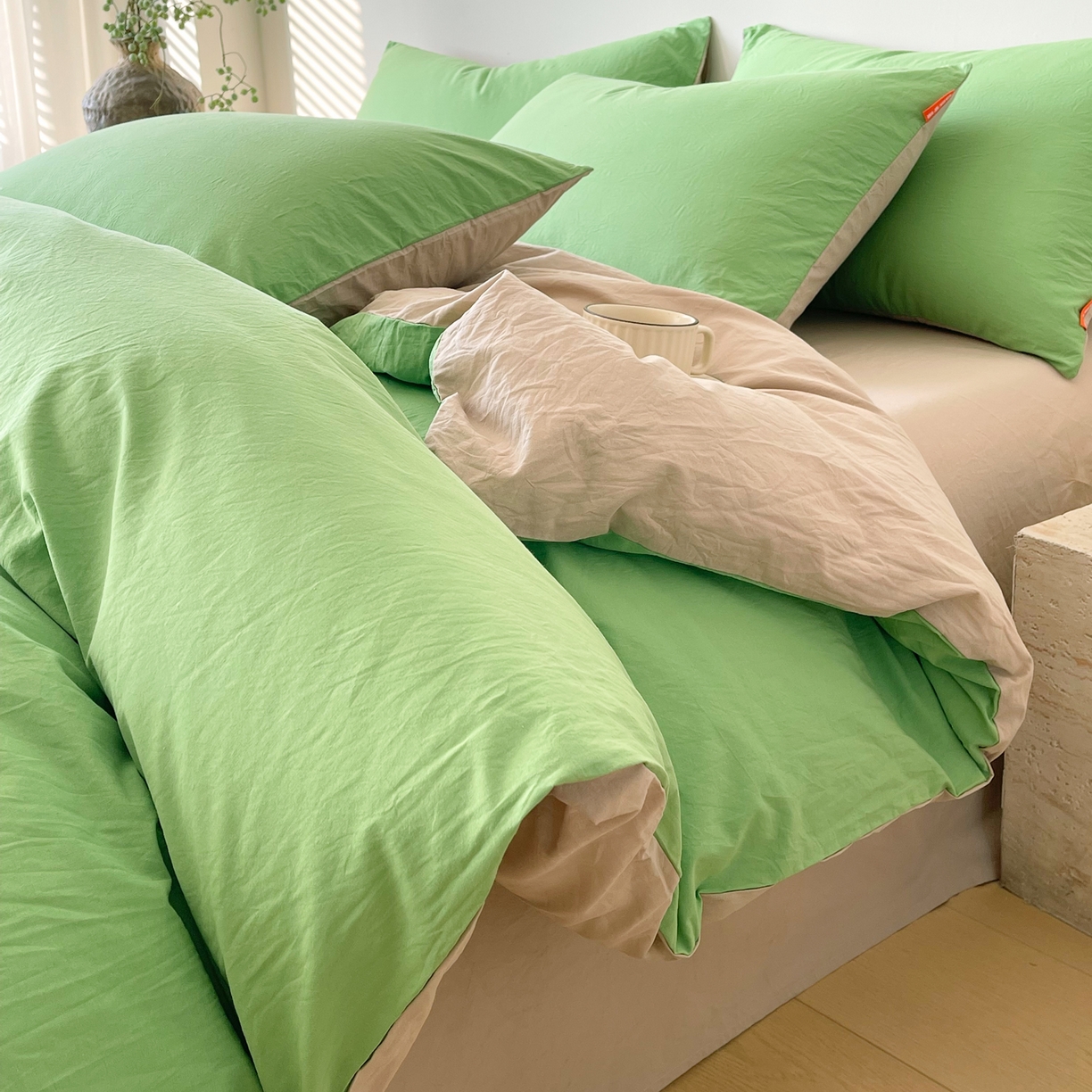 91家纺网 家纺一手货源 找家纺 春皖家纺 2026春夏新款双拼全棉纯棉水洗棉四件套 青草绿-卡其