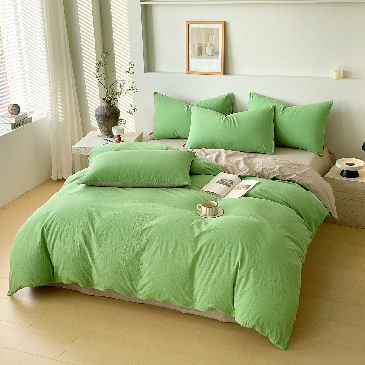 91家纺网 家纺一手货源 找家纺 春皖家纺 2026春夏新款双拼全棉纯棉水洗棉四件套 青草绿-卡其