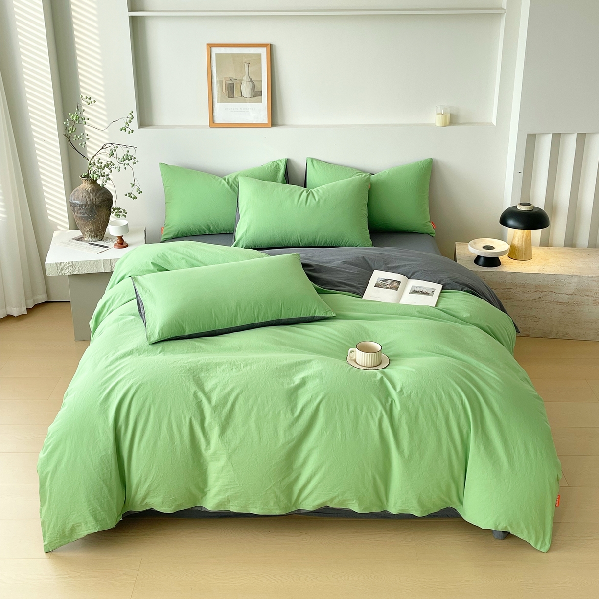 91家纺网 家纺一手货源 找家纺 春皖家纺 2026春夏新款双拼全棉纯棉水洗棉四件套 青草绿-墨灰