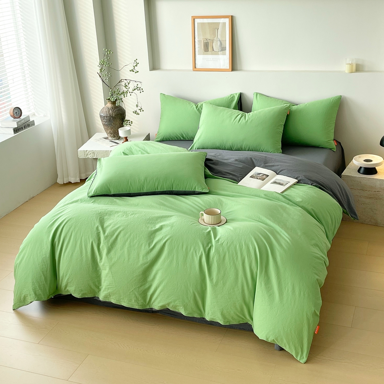 91家纺网 家纺一手货源 找家纺 春皖家纺 2026春夏新款双拼全棉纯棉水洗棉四件套 青草绿-墨灰