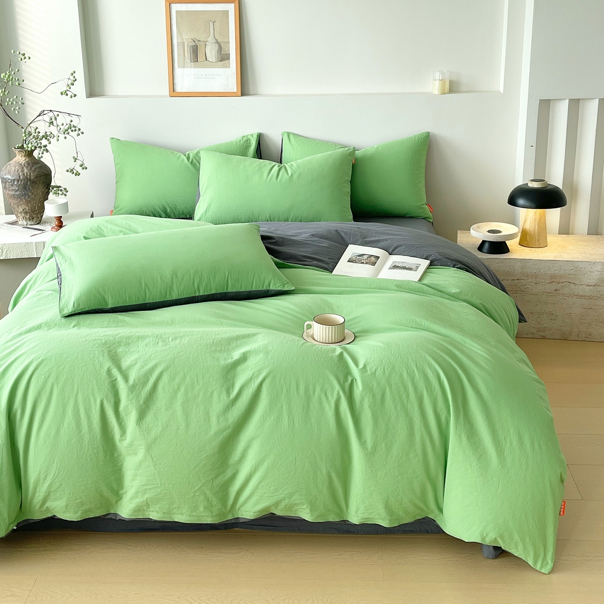 91家纺网 家纺一手货源 找家纺 春皖家纺 2026春夏新款双拼全棉纯棉水洗棉四件套 青草绿-墨灰