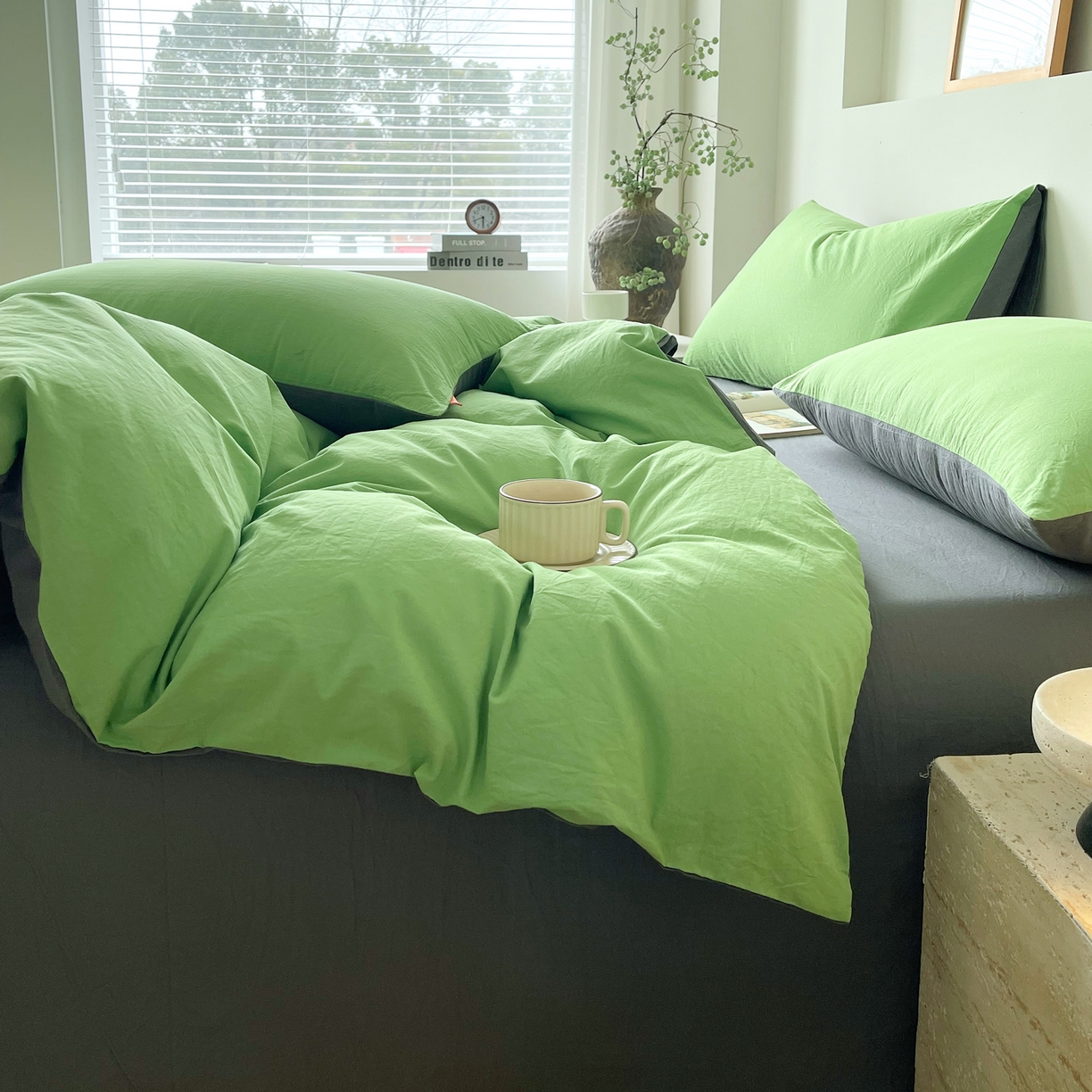 91家纺网 家纺一手货源 找家纺 春皖家纺 2026春夏新款双拼全棉纯棉水洗棉四件套 青草绿-墨灰