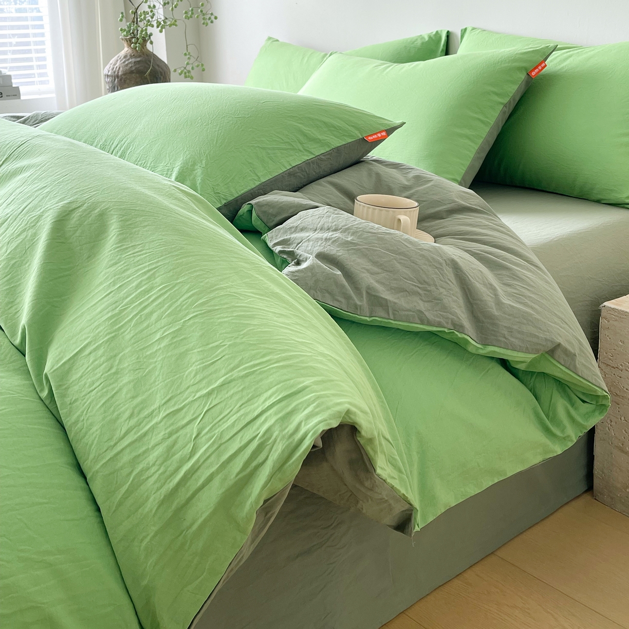 春皖家纺 2026春夏新款双拼全棉纯棉水洗棉四件套 青草绿-墨绿