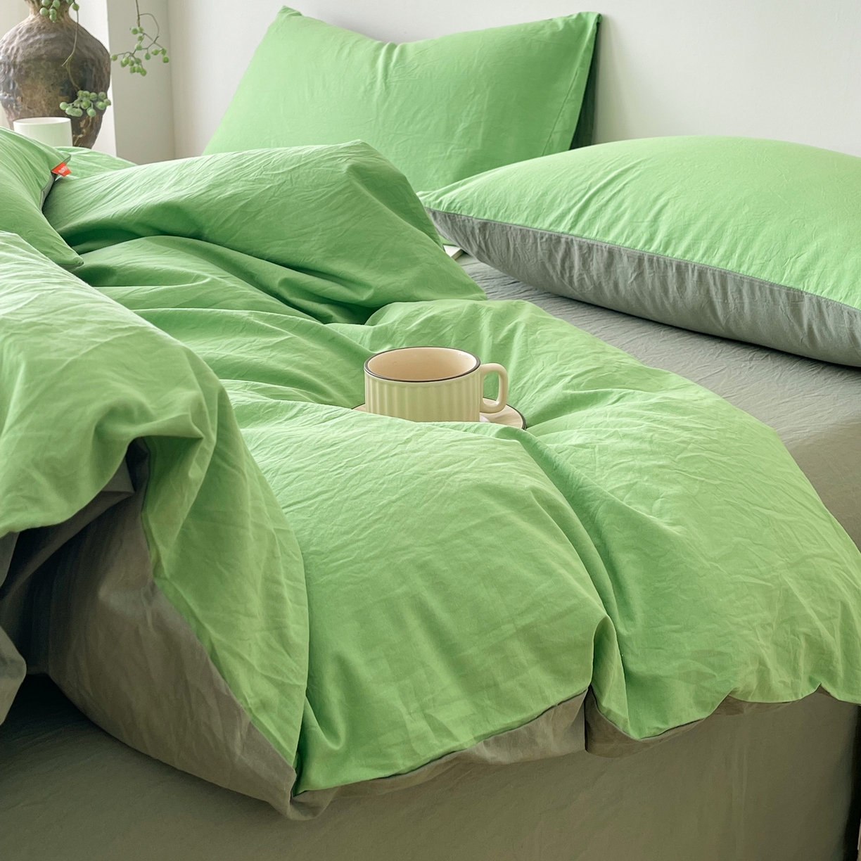 91家纺网 家纺一手货源 找家纺 春皖家纺 2026春夏新款双拼全棉纯棉水洗棉四件套 青草绿-墨绿