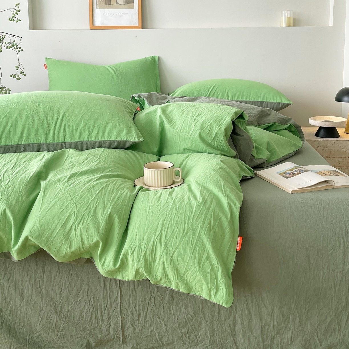 91家纺网 家纺一手货源 找家纺 春皖家纺 2026春夏新款双拼全棉纯棉水洗棉四件套 青草绿-墨绿