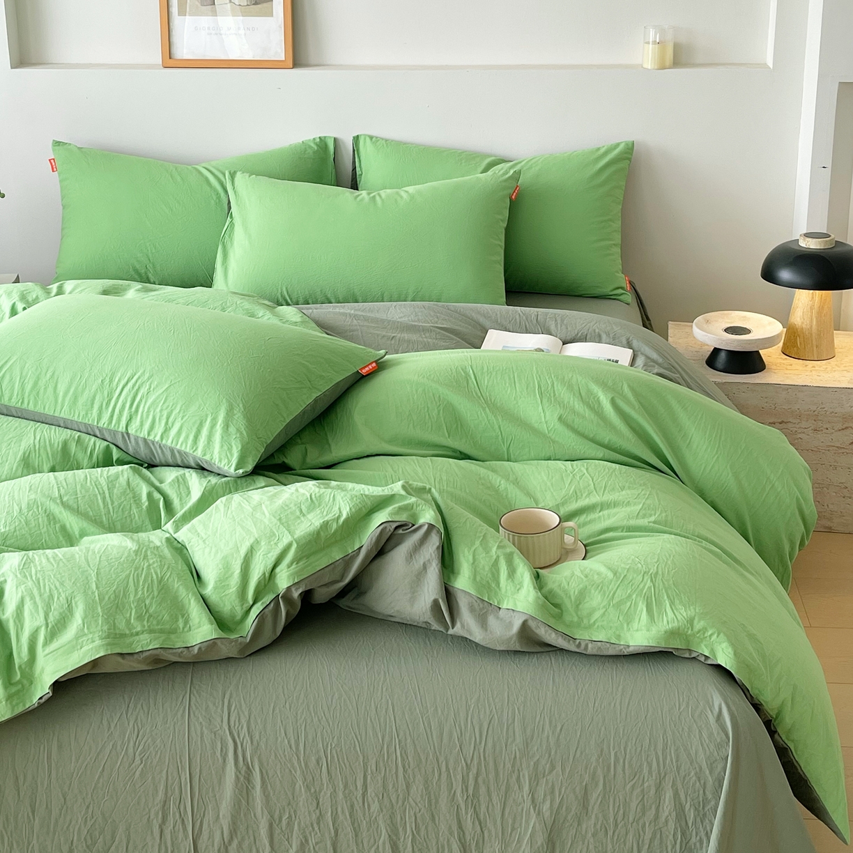 91家纺网 家纺一手货源 找家纺 春皖家纺 2026春夏新款双拼全棉纯棉水洗棉四件套 青草绿-墨绿