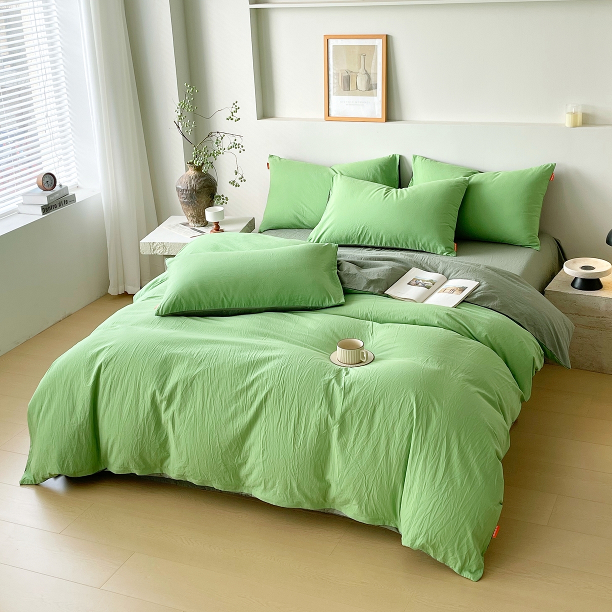 91家纺网 家纺一手货源 找家纺 春皖家纺 2026春夏新款双拼全棉纯棉水洗棉四件套 青草绿-墨绿