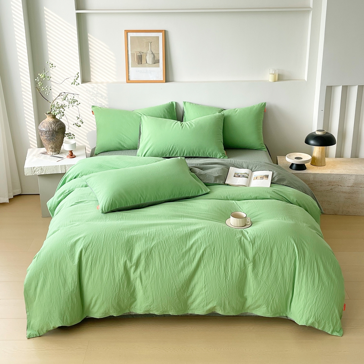 91家纺网 家纺一手货源 找家纺 春皖家纺 2026春夏新款双拼全棉纯棉水洗棉四件套 青草绿-墨绿