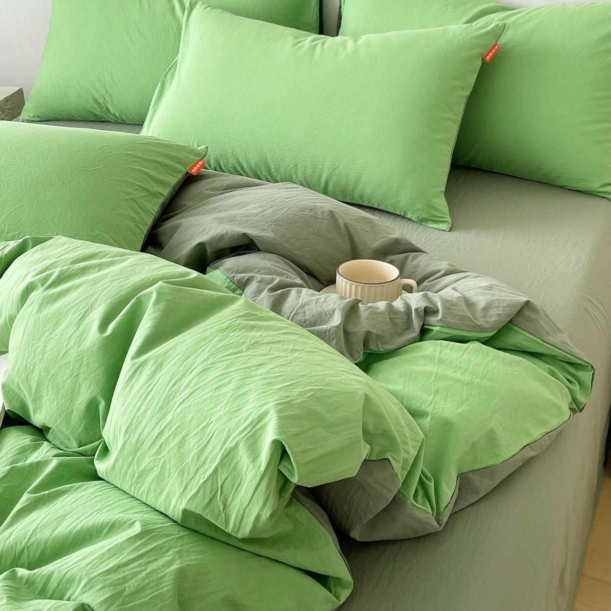 91家纺网 家纺一手货源 找家纺 春皖家纺 2026春夏新款双拼全棉纯棉水洗棉四件套 青草绿-墨绿