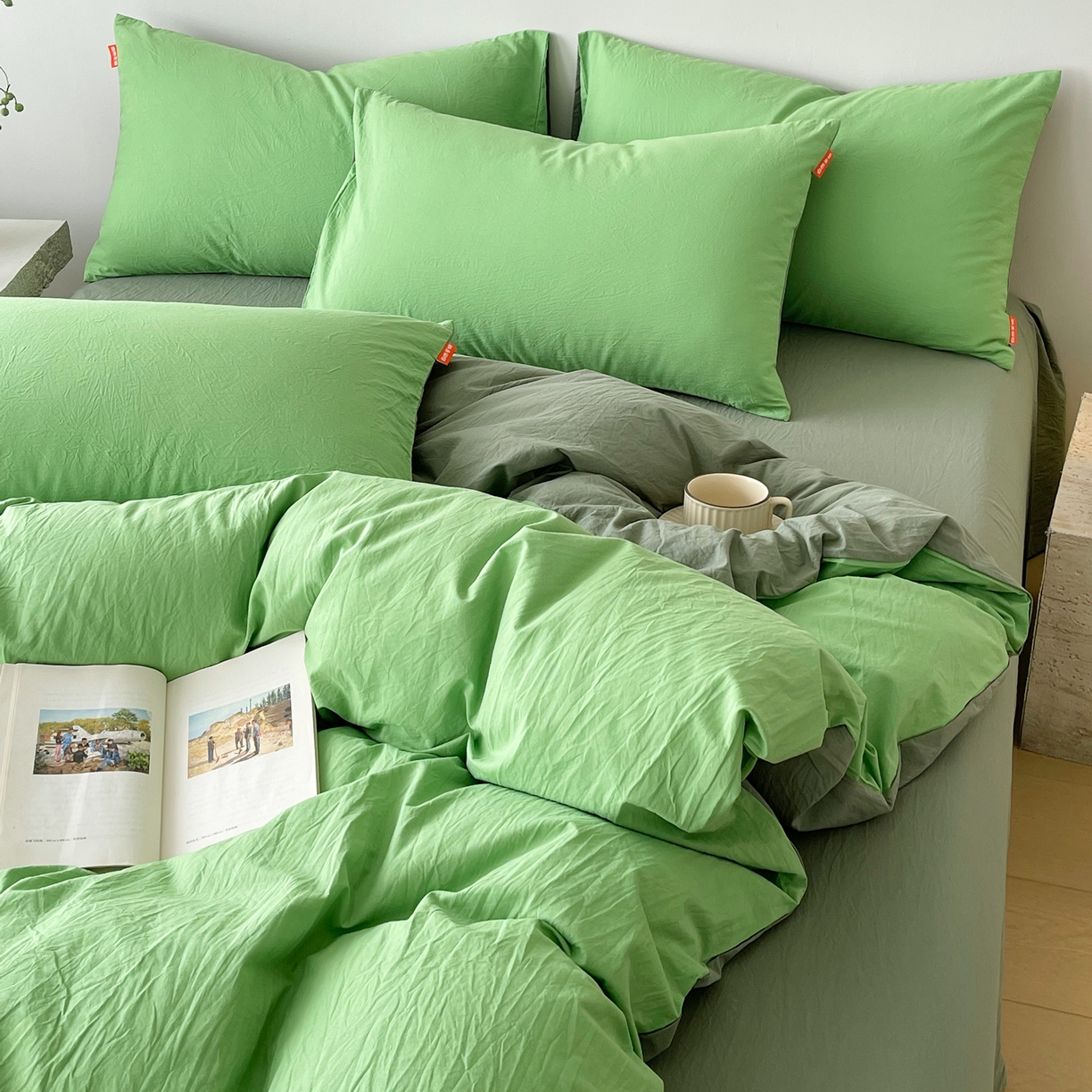 91家纺网 家纺一手货源 找家纺 春皖家纺 2026春夏新款双拼全棉纯棉水洗棉四件套 青草绿-墨绿