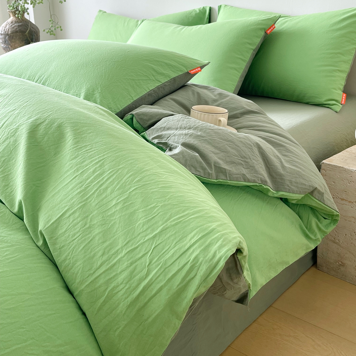 91家纺网 家纺一手货源 找家纺 春皖家纺 2026春夏新款双拼全棉纯棉水洗棉四件套 青草绿-墨绿