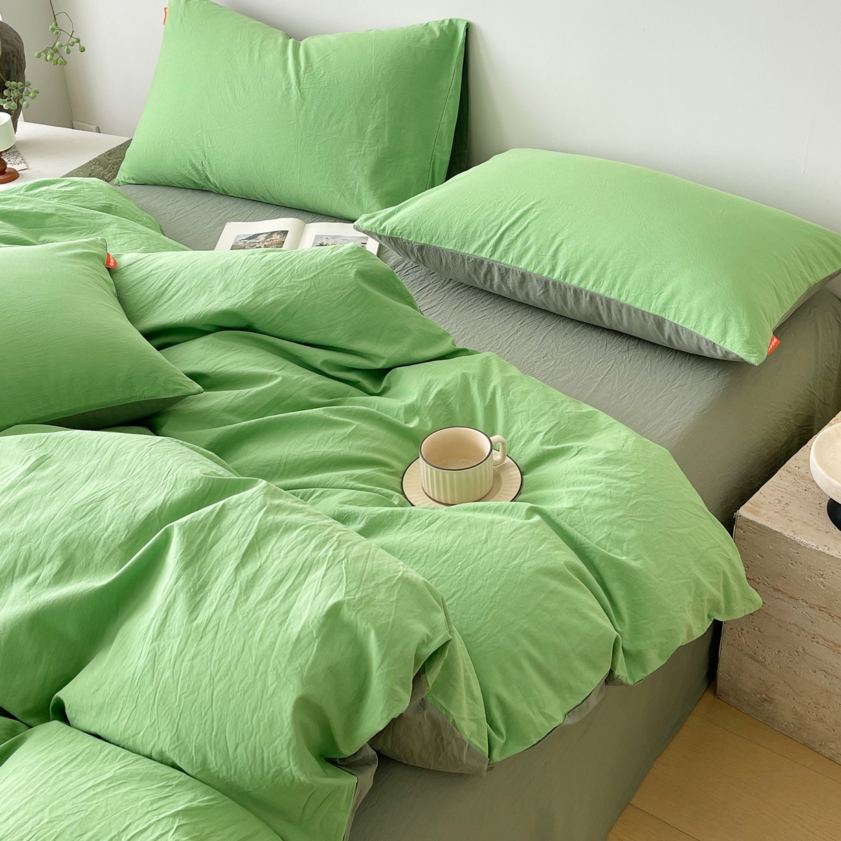 91家纺网 家纺一手货源 找家纺 春皖家纺 2026春夏新款双拼全棉纯棉水洗棉四件套 青草绿-墨绿