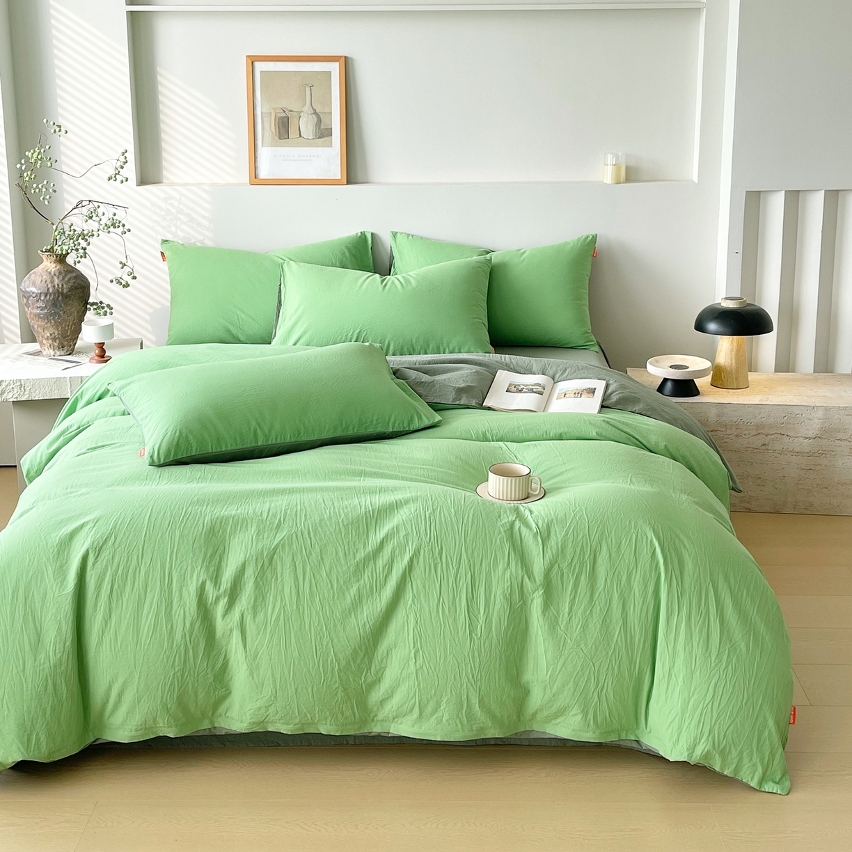 91家纺网 家纺一手货源 找家纺 春皖家纺 2026春夏新款双拼全棉纯棉水洗棉四件套 青草绿-墨绿