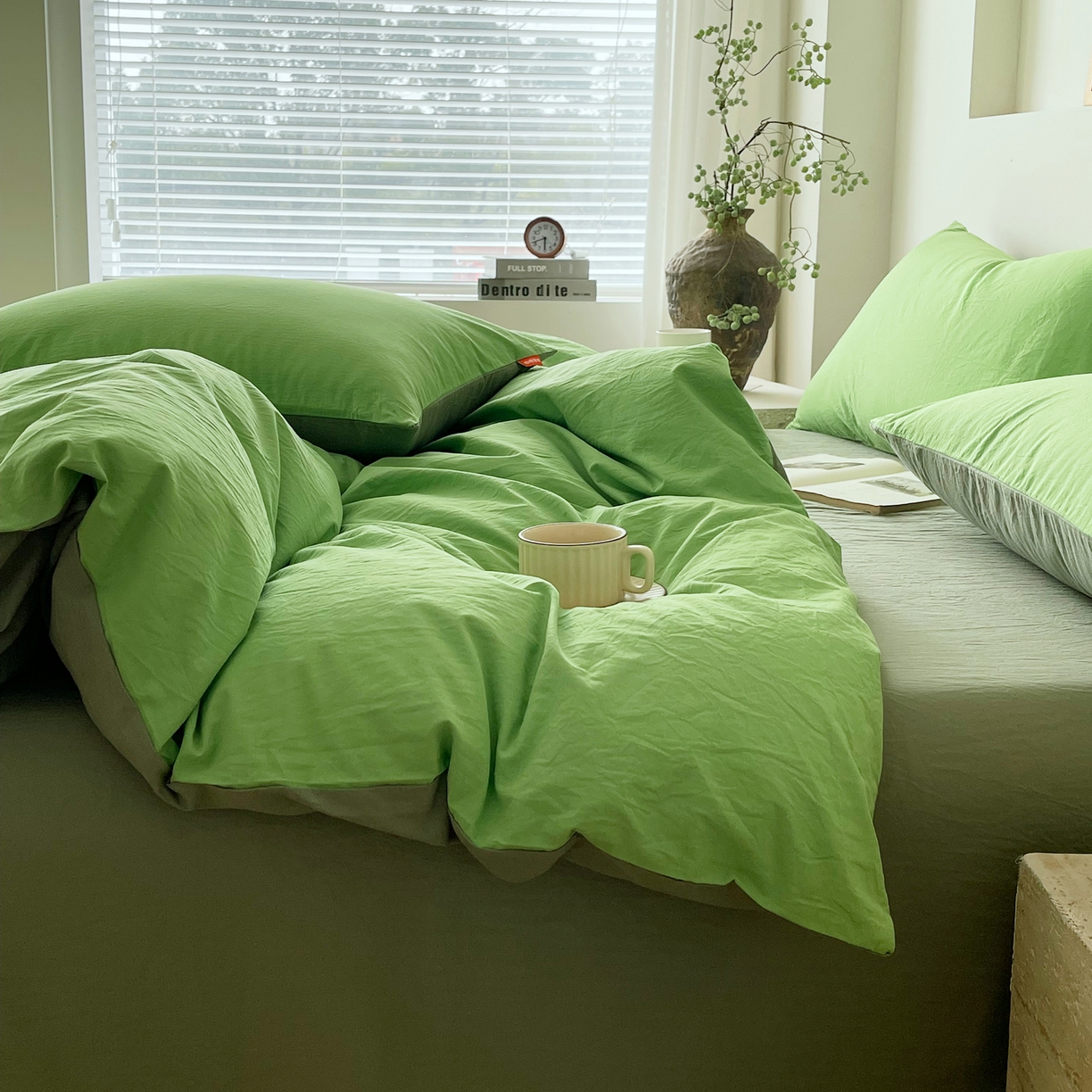 91家纺网 家纺一手货源 找家纺 春皖家纺 2026春夏新款双拼全棉纯棉水洗棉四件套 青草绿-墨绿