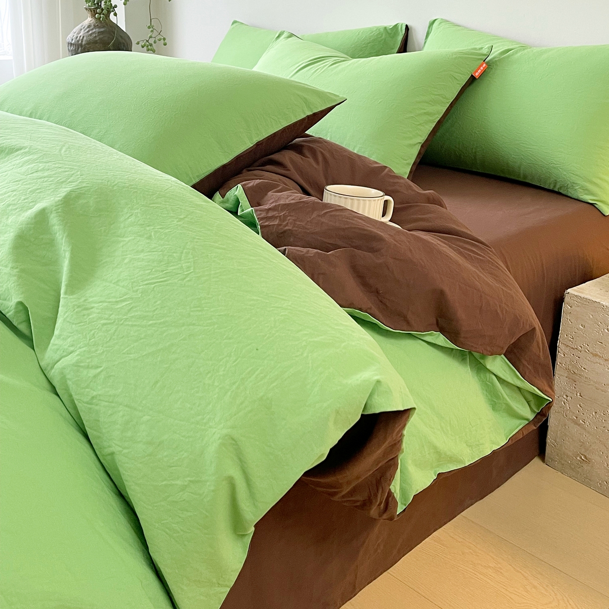 春皖家纺 2026春夏新款双拼全棉纯棉水洗棉四件套 青草绿-慕斯棕