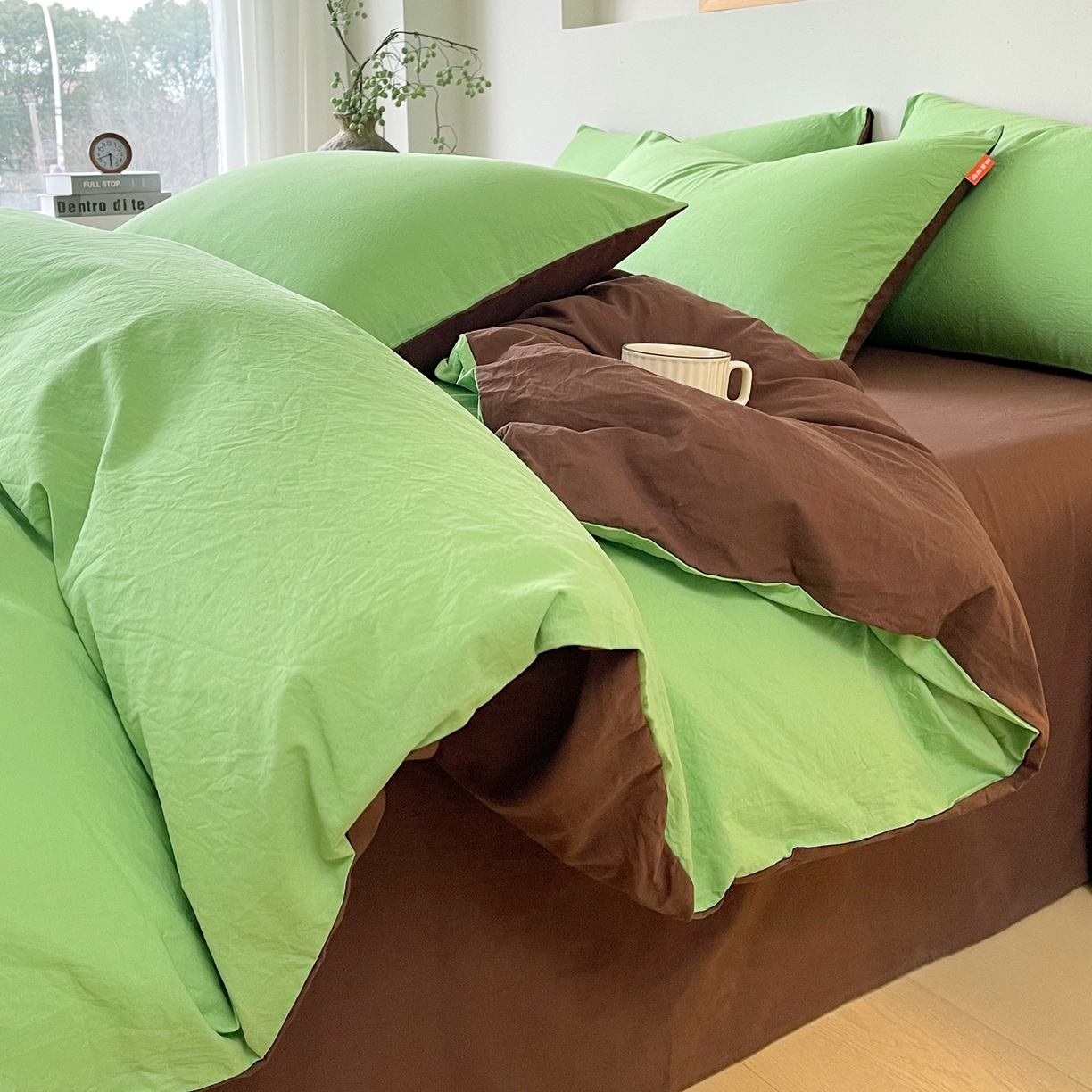 91家纺网 家纺一手货源 找家纺 春皖家纺 2026春夏新款双拼全棉纯棉水洗棉四件套 青草绿-慕斯棕