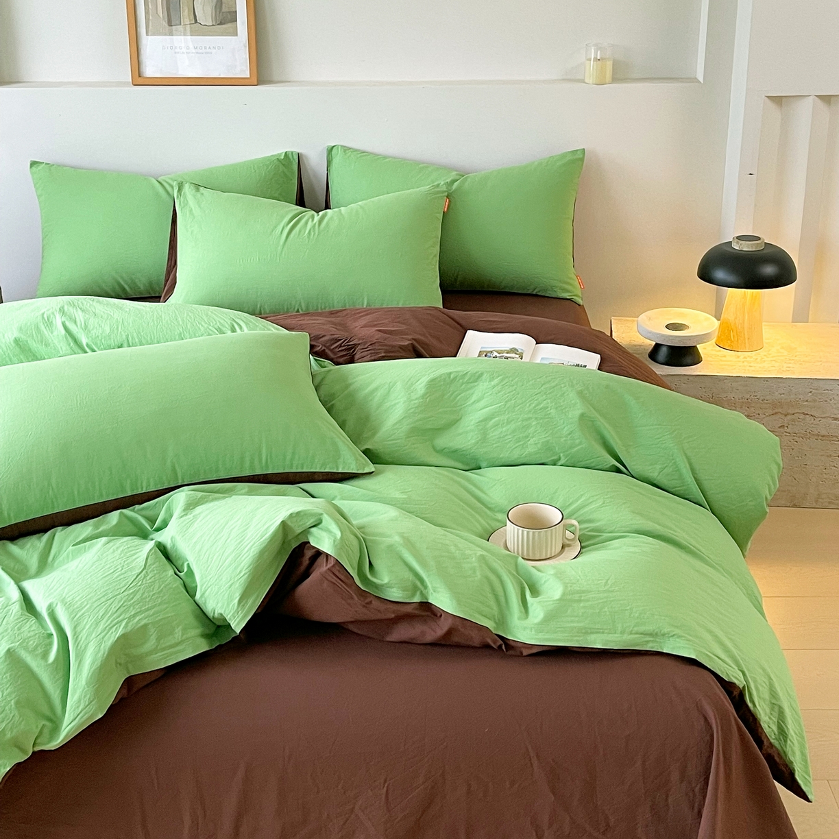 91家纺网 家纺一手货源 找家纺 春皖家纺 2026春夏新款双拼全棉纯棉水洗棉四件套 青草绿-慕斯棕