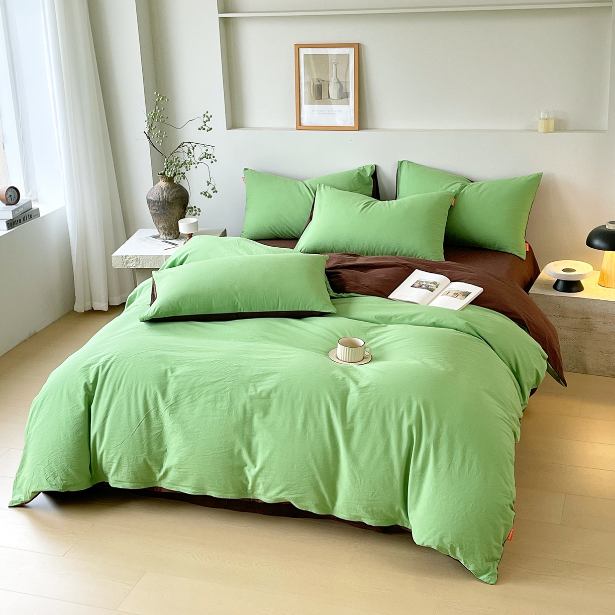 91家纺网 家纺一手货源 找家纺 春皖家纺 2026春夏新款双拼全棉纯棉水洗棉四件套 青草绿-慕斯棕