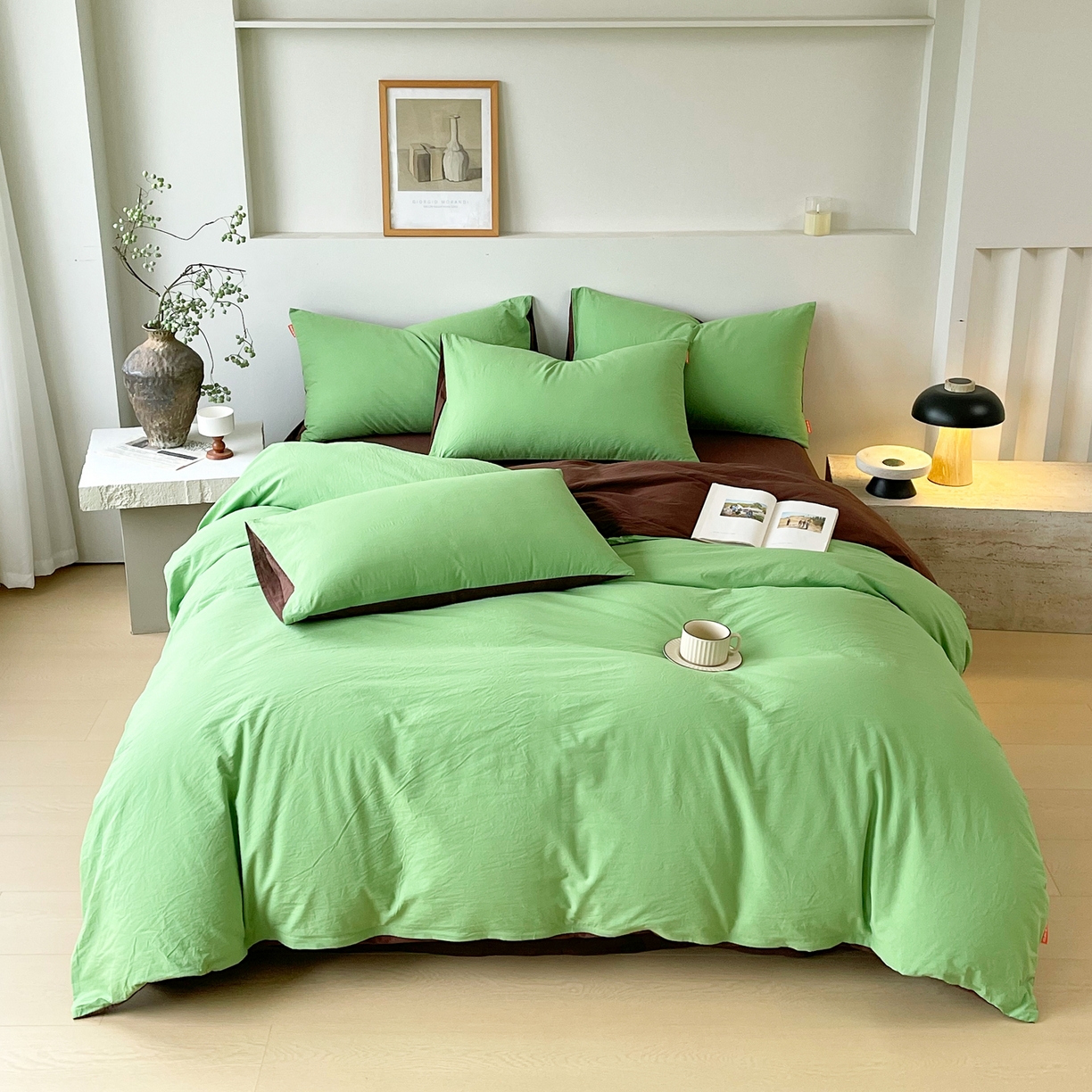 91家纺网 家纺一手货源 找家纺 春皖家纺 2026春夏新款双拼全棉纯棉水洗棉四件套 青草绿-慕斯棕