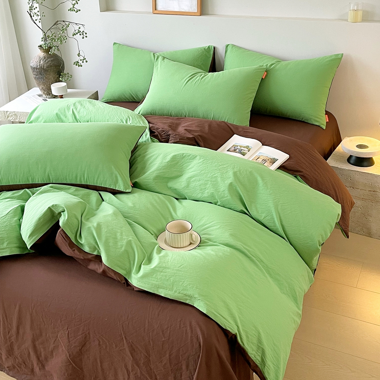 91家纺网 家纺一手货源 找家纺 春皖家纺 2026春夏新款双拼全棉纯棉水洗棉四件套 青草绿-慕斯棕