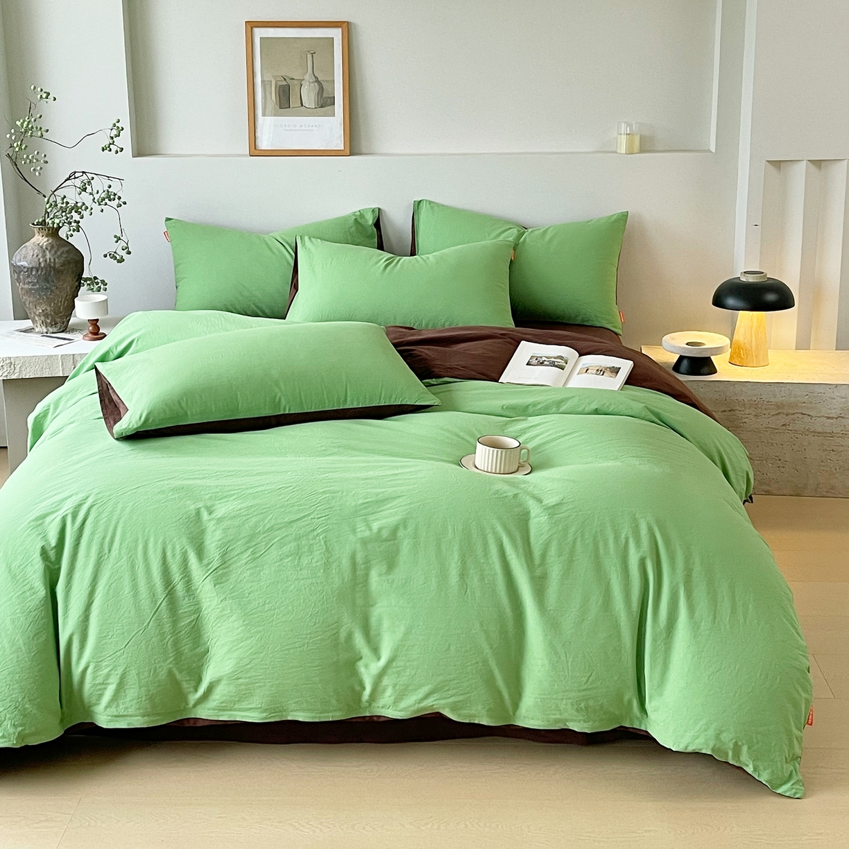 91家纺网 家纺一手货源 找家纺 春皖家纺 2026春夏新款双拼全棉纯棉水洗棉四件套 青草绿-慕斯棕