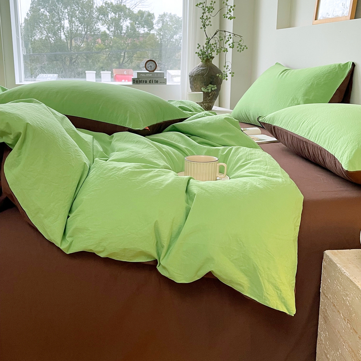 91家纺网 家纺一手货源 找家纺 春皖家纺 2026春夏新款双拼全棉纯棉水洗棉四件套 青草绿-慕斯棕