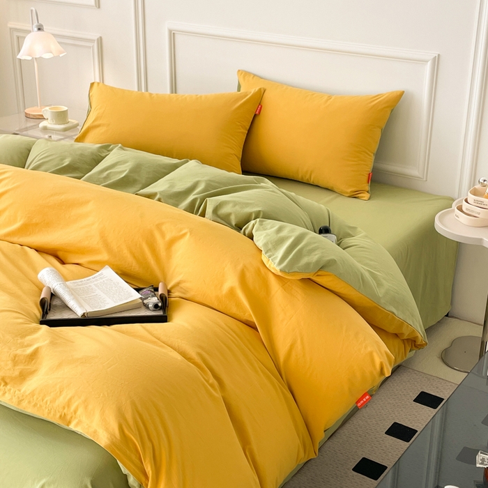 91家纺网 家纺一手货源 找家纺 春皖家纺 2026春夏新款双拼全棉纯棉水洗棉四件套 深黄-果绿