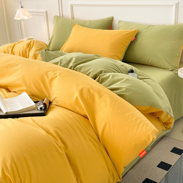 91家纺网 家纺一手货源 找家纺 春皖家纺 2026春夏新款双拼全棉纯棉水洗棉四件套 深黄-果绿