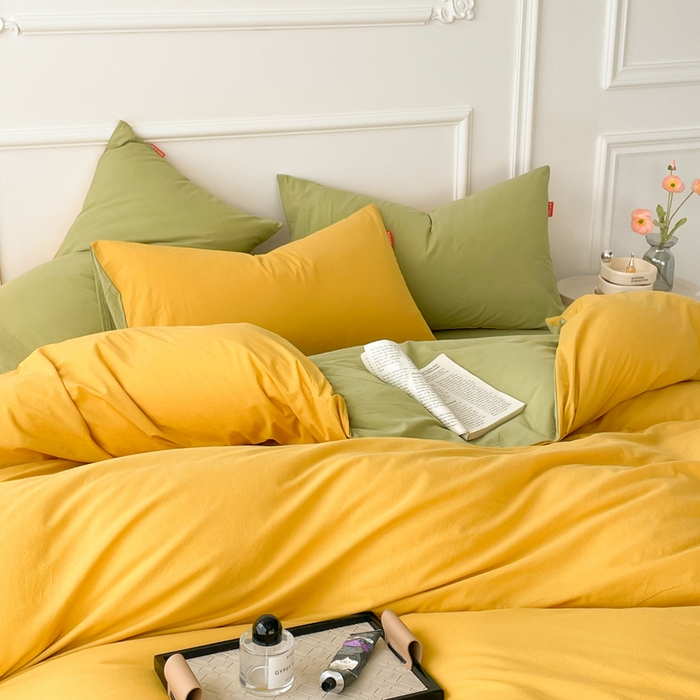 91家纺网 家纺一手货源 找家纺 春皖家纺 2026春夏新款双拼全棉纯棉水洗棉四件套 深黄-果绿
