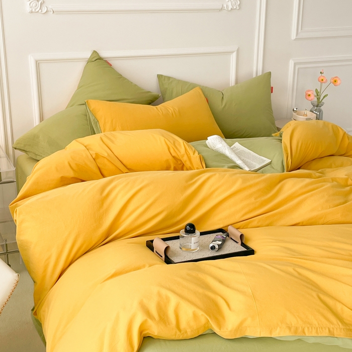 91家纺网 家纺一手货源 找家纺 春皖家纺 2026春夏新款双拼全棉纯棉水洗棉四件套 深黄-果绿