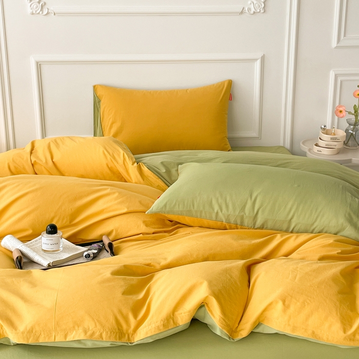 91家纺网 家纺一手货源 找家纺 春皖家纺 2026春夏新款双拼全棉纯棉水洗棉四件套 深黄-果绿