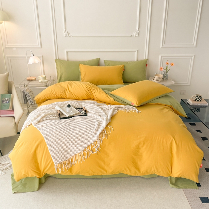 91家纺网 家纺一手货源 找家纺 春皖家纺 2026春夏新款双拼全棉纯棉水洗棉四件套 深黄-果绿