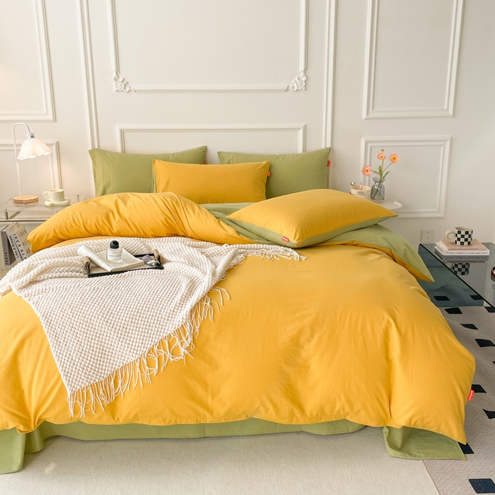 91家纺网 家纺一手货源 找家纺 春皖家纺 2026春夏新款双拼全棉纯棉水洗棉四件套 深黄-果绿