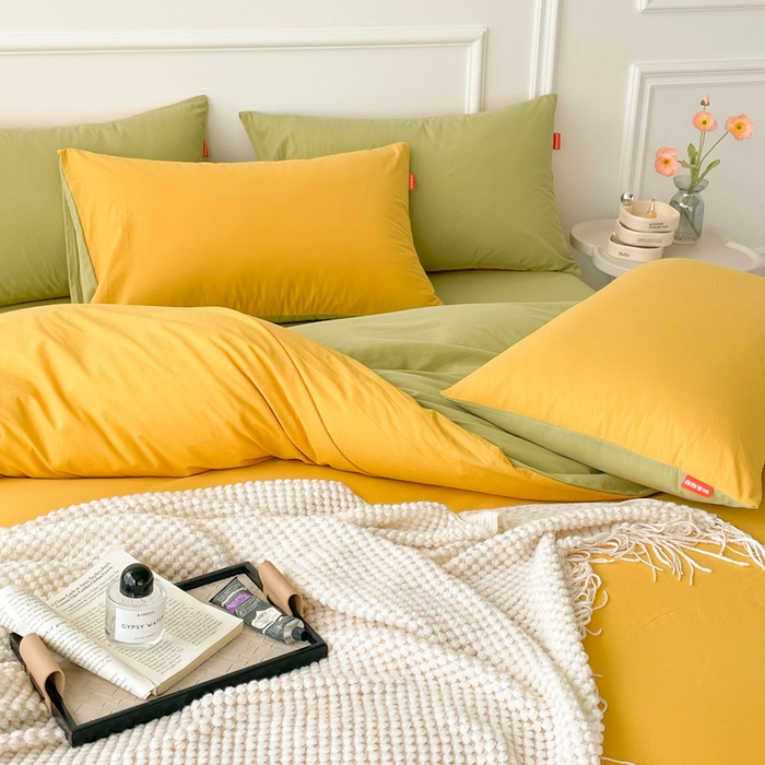 91家纺网 家纺一手货源 找家纺 春皖家纺 2026春夏新款双拼全棉纯棉水洗棉四件套 深黄-果绿