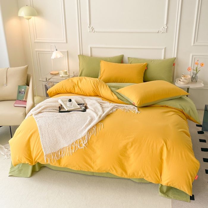 91家纺网 家纺一手货源 找家纺 春皖家纺 2026春夏新款双拼全棉纯棉水洗棉四件套 深黄-果绿