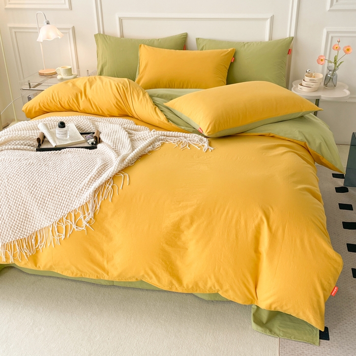 91家纺网 家纺一手货源 找家纺 春皖家纺 2026春夏新款双拼全棉纯棉水洗棉四件套 深黄-果绿