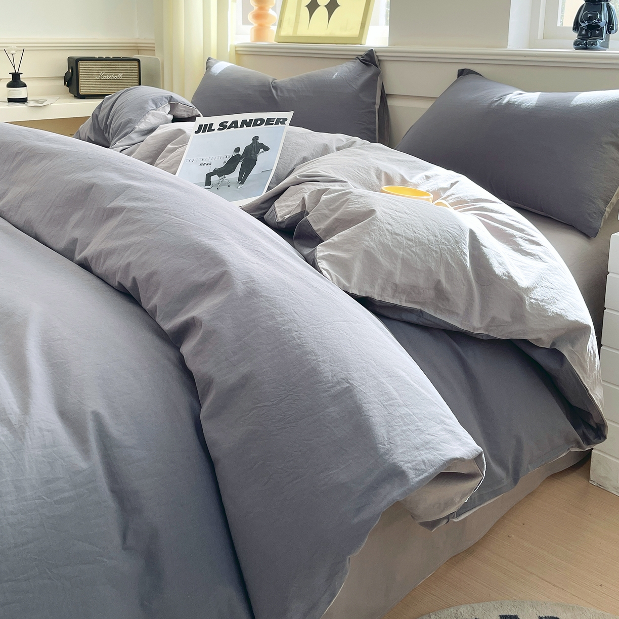 春皖家纺 2026春夏新款双拼全棉纯棉水洗棉四件套 深灰-浅灰