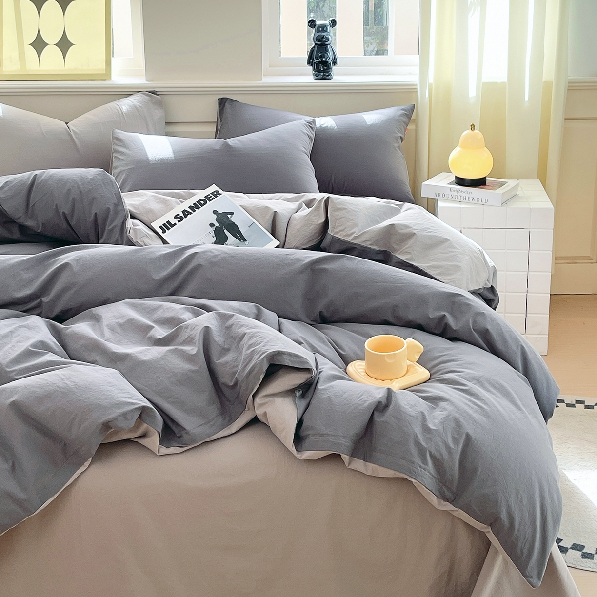 91家纺网 家纺一手货源 找家纺 春皖家纺 2026春夏新款双拼全棉纯棉水洗棉四件套 深灰-浅灰