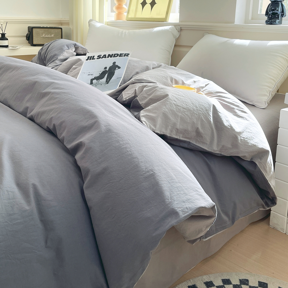 91家纺网 家纺一手货源 找家纺 春皖家纺 2026春夏新款双拼全棉纯棉水洗棉四件套 深灰-浅灰