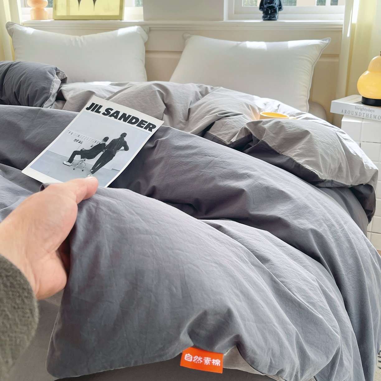 91家纺网 家纺一手货源 找家纺 春皖家纺 2026春夏新款双拼全棉纯棉水洗棉四件套 深灰-浅灰