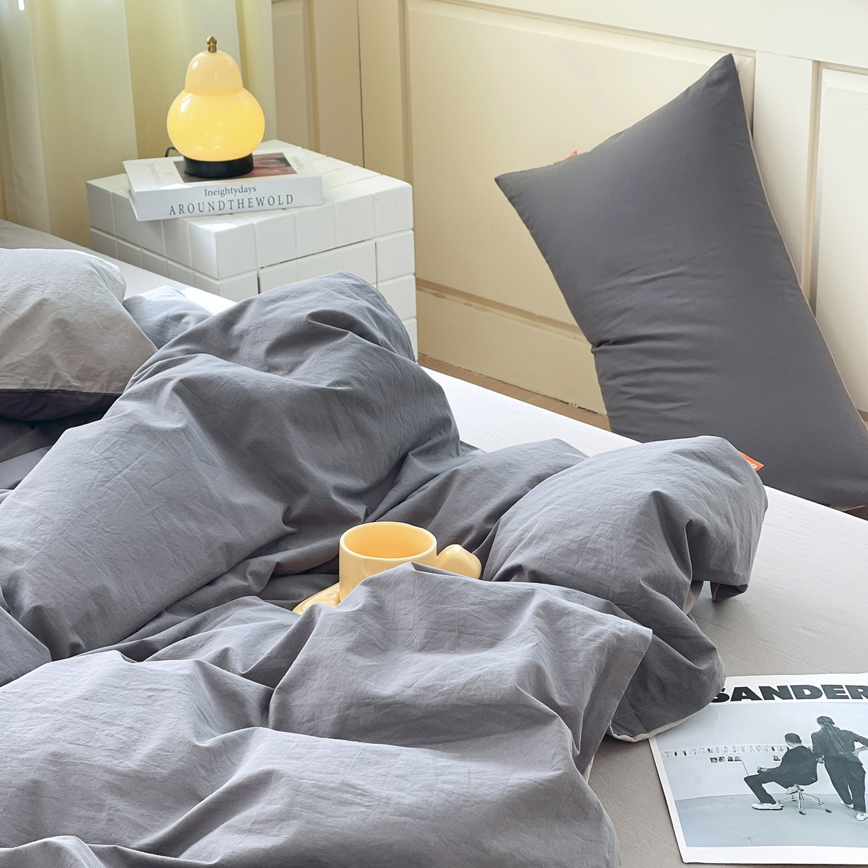 91家纺网 家纺一手货源 找家纺 春皖家纺 2026春夏新款双拼全棉纯棉水洗棉四件套 深灰-浅灰