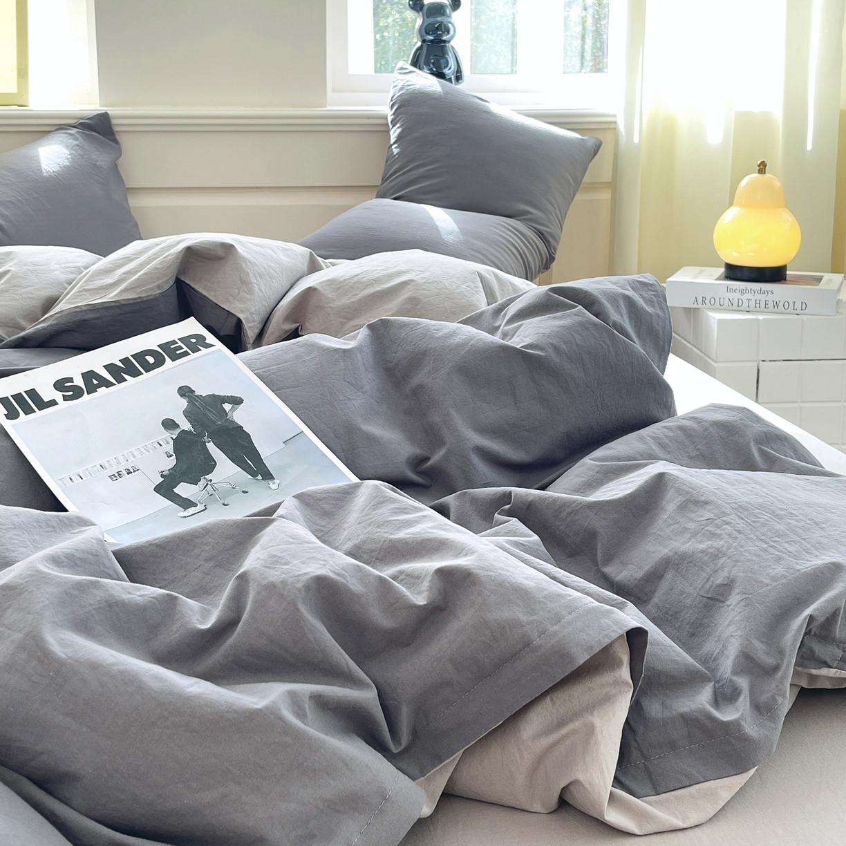 91家纺网 家纺一手货源 找家纺 春皖家纺 2026春夏新款双拼全棉纯棉水洗棉四件套 深灰-浅灰